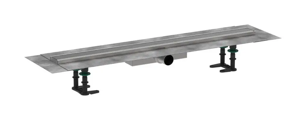 Duschrinne aus Edelstahl mit zwei seitlichen Befestigungen. Produkt von Hansgrohe zur flachen Installation in Badezimmern. Entwässerungselement für Duschen.